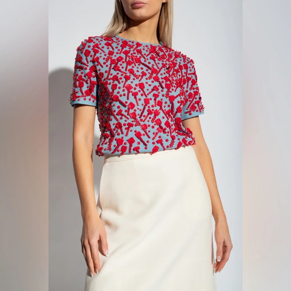 NWT $1298 Tory Burch Embellished Crewneck Top In Blue